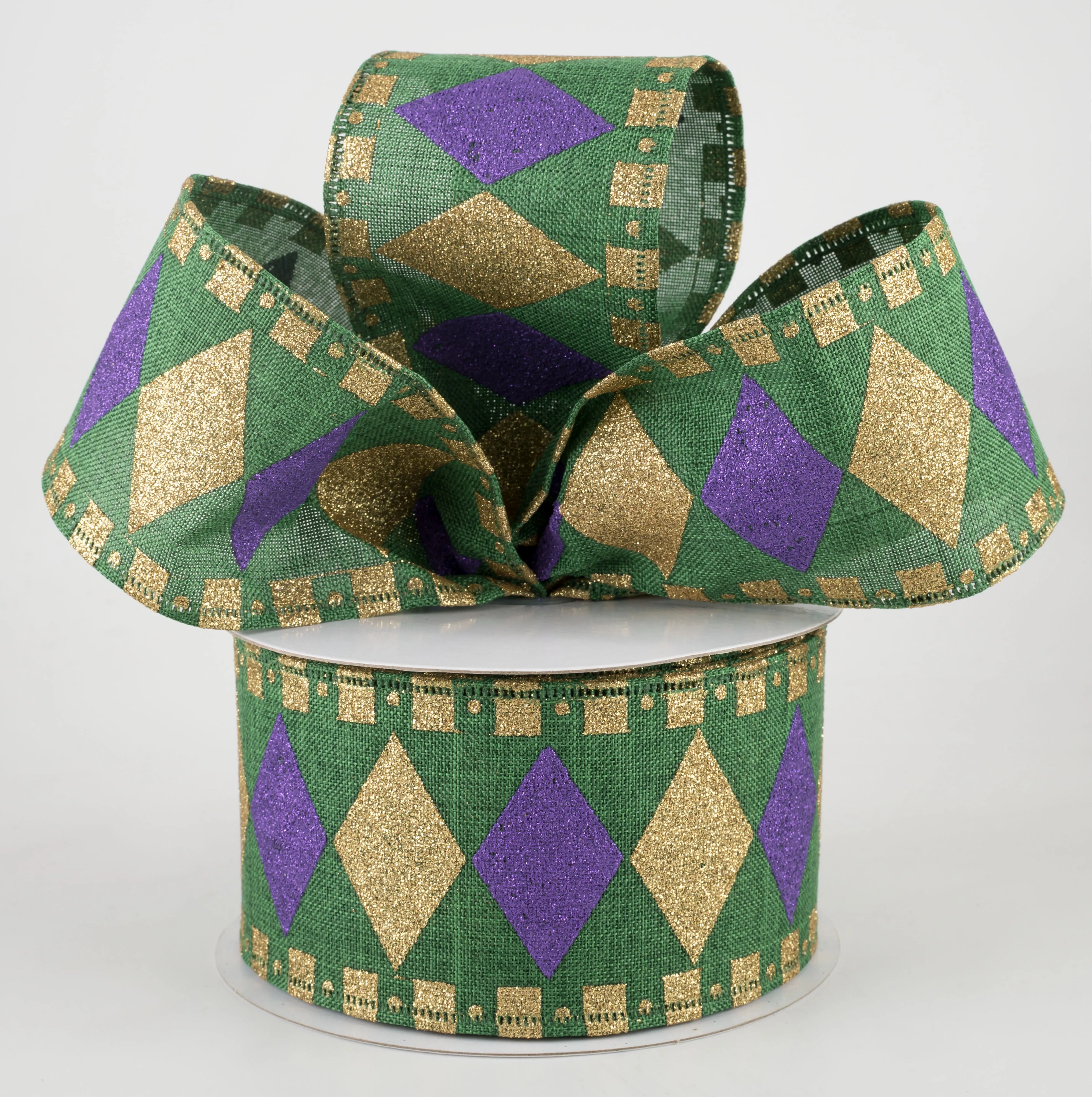 2.5" Harlequin Fun Diamond Ribbon: Emerald, Gold, Purple (10 Yards)