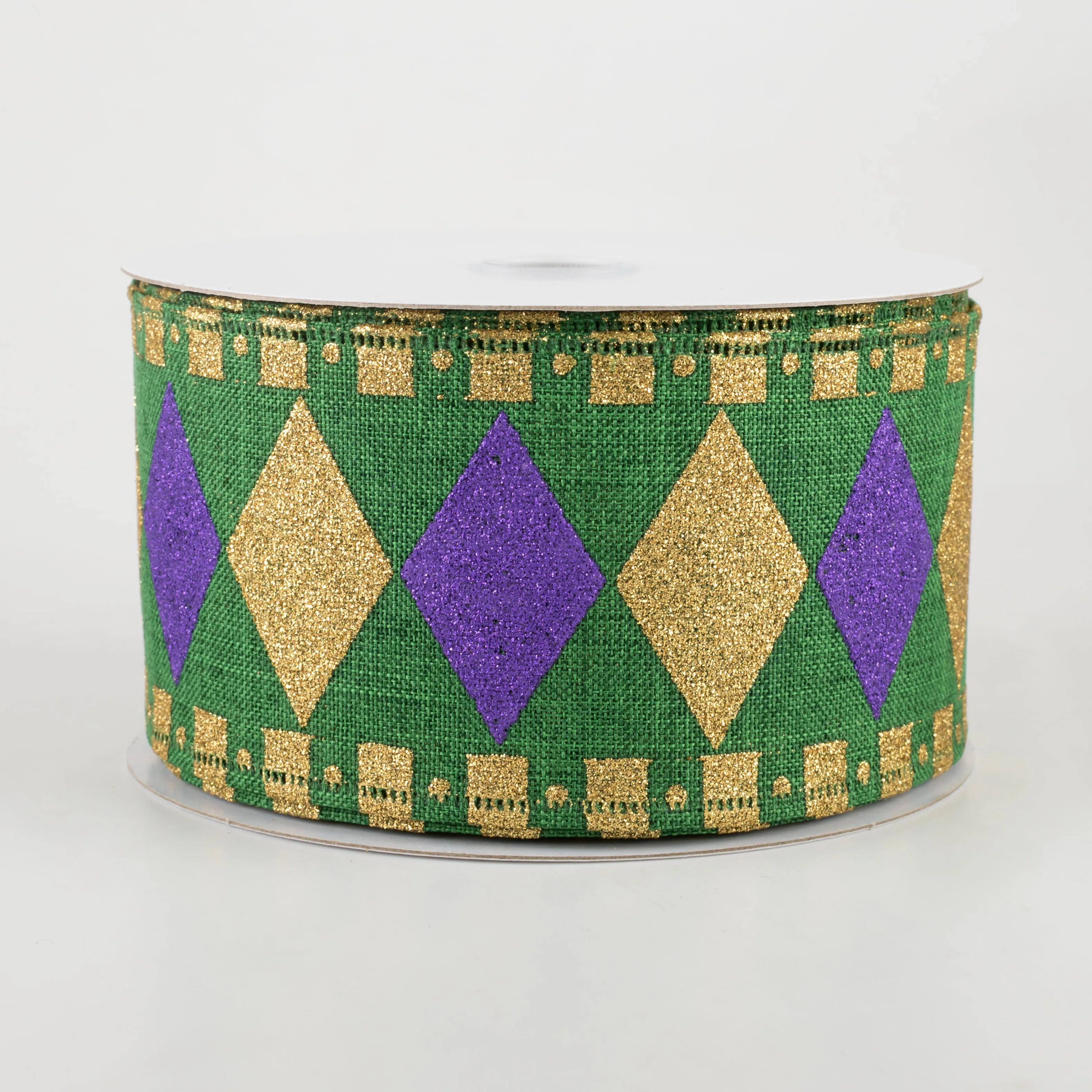 2.5" Harlequin Fun Diamond Ribbon: Emerald, Gold, Purple (10 Yards)