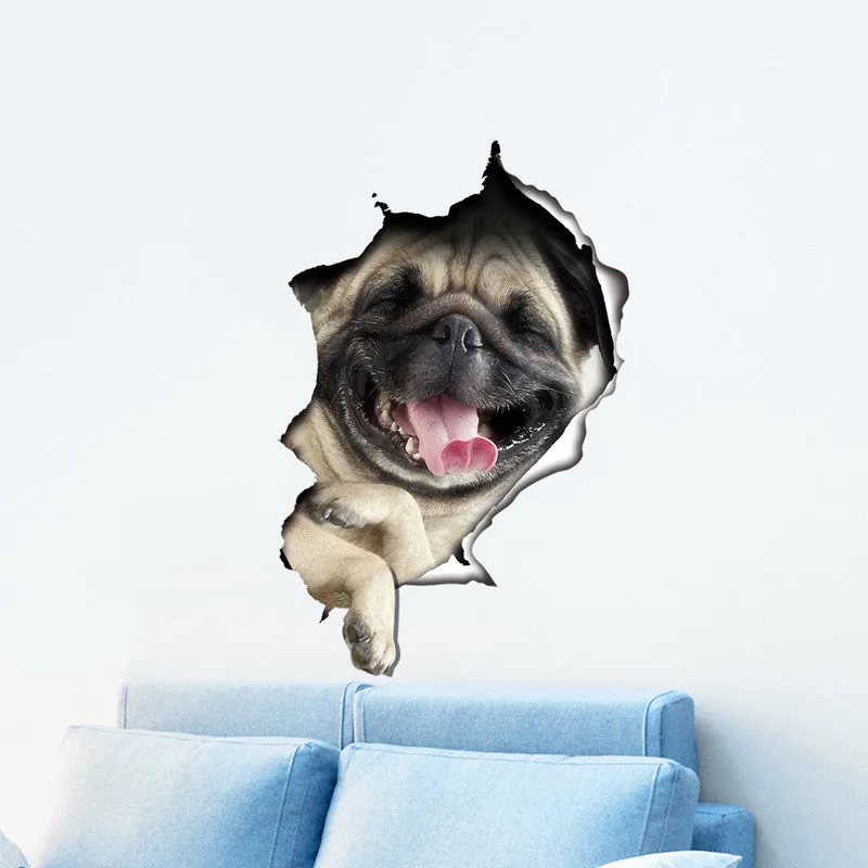 3D Pug/Cat Coming Through Wall Decal