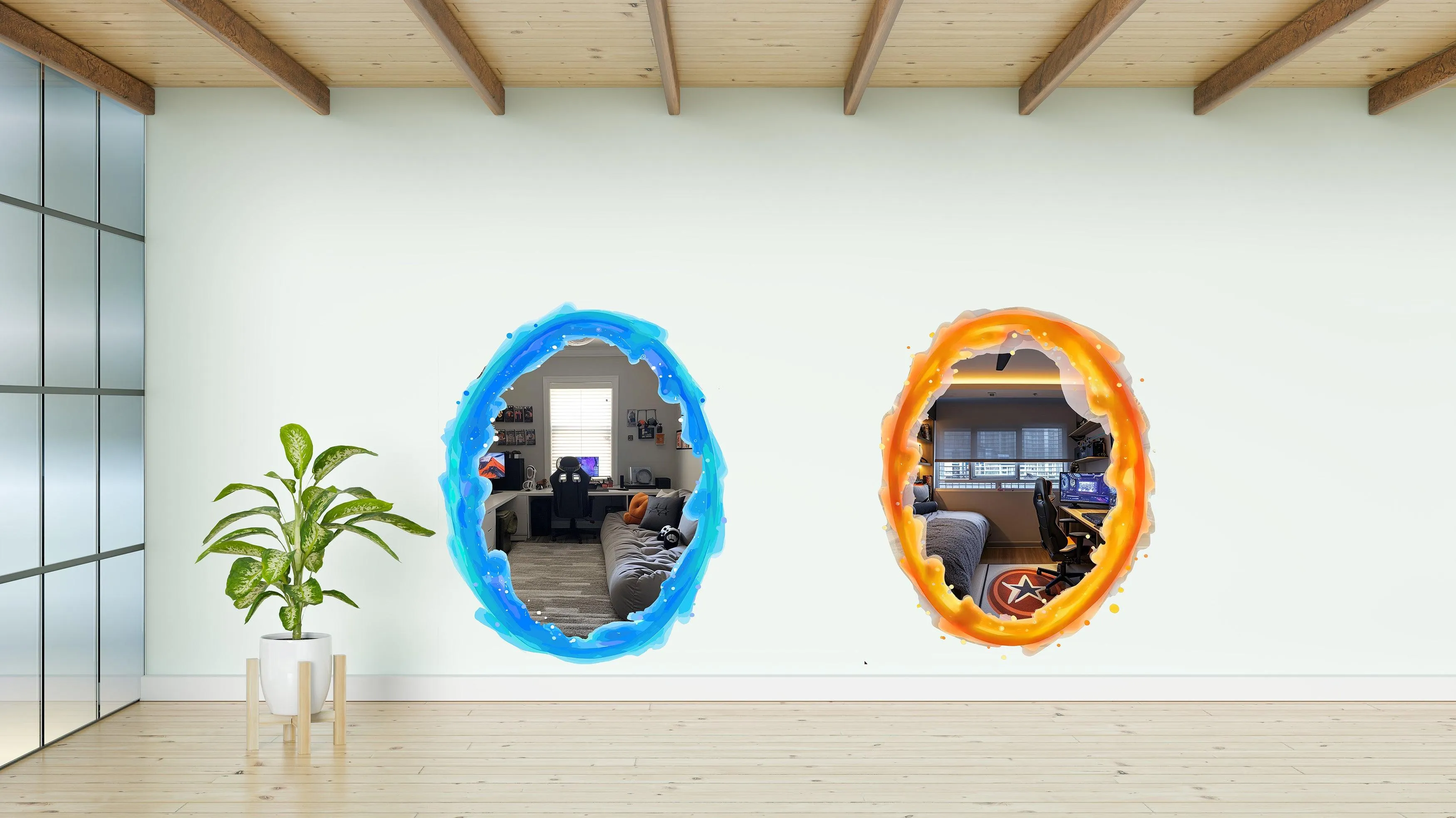 Blue and Orange Portal Aura Wall Stickers - Transparent Oval Decals with Vibrant Aura Effect for Game Room Decor