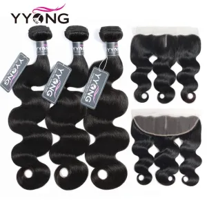 Brazilian Body Wave Human Hair Bundle with Customizable Lace Frontal - Quick Shipping & Dyeable Options