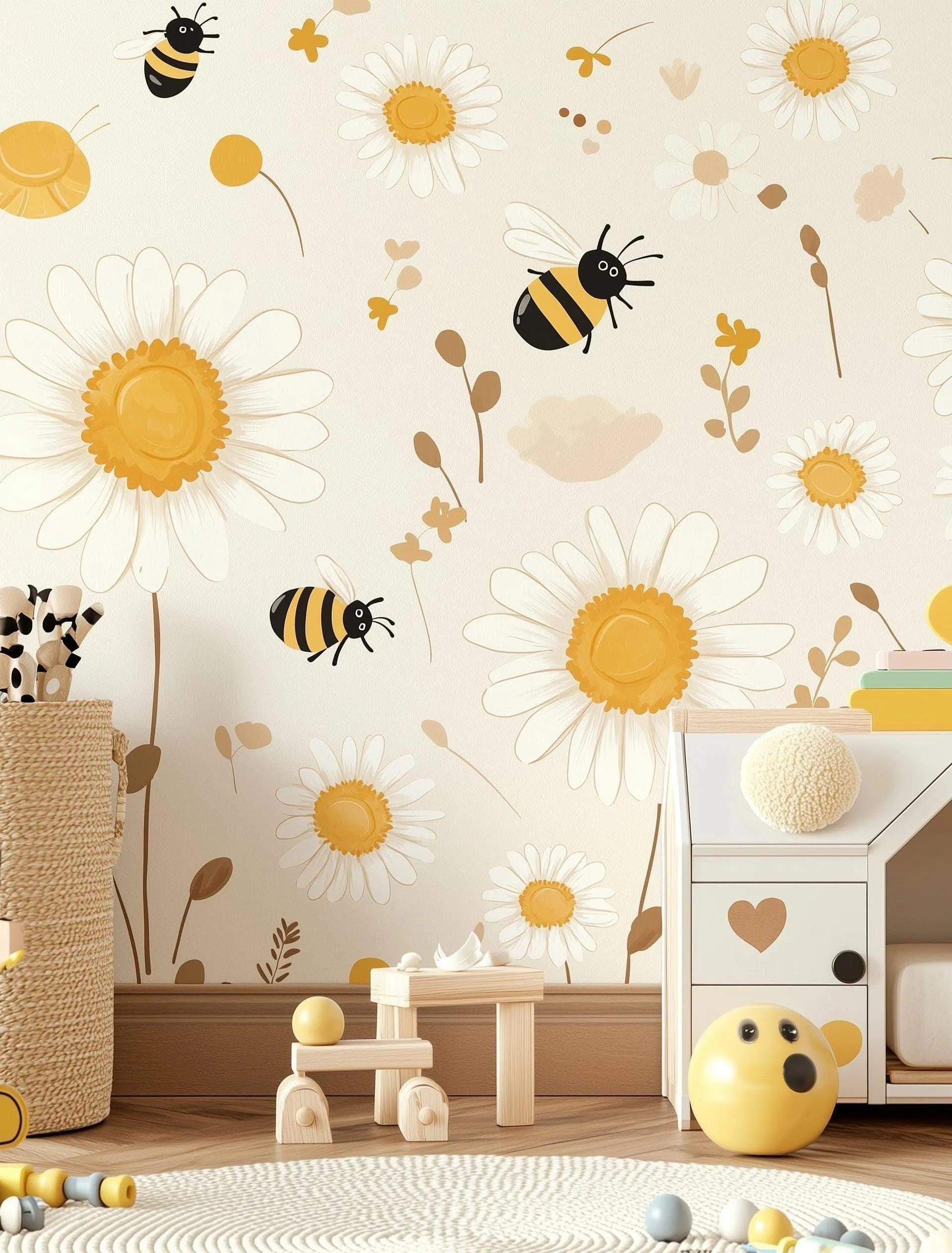 Daisy and Bee Wall Decals | Nursery Wall Stickers | Floral Bee Kids Room Decor | Removable Daisy Wall Art | Nature-Inspired Nursery Decals