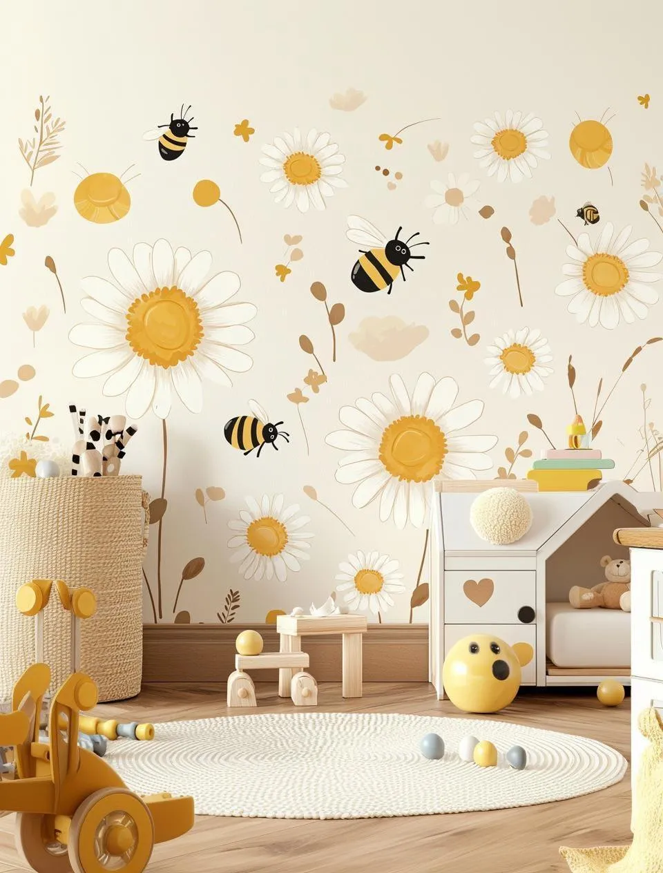 Daisy and Bee Wall Decals | Nursery Wall Stickers | Floral Bee Kids Room Decor | Removable Daisy Wall Art | Nature-Inspired Nursery Decals