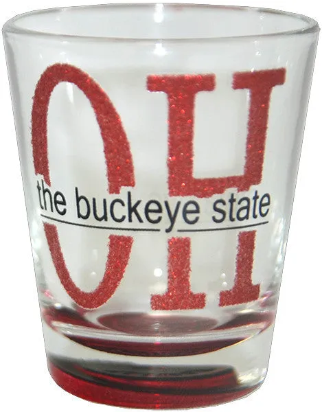 GLOH09 Shot Glass Glitter OH The Buckeye State with clear Bottom