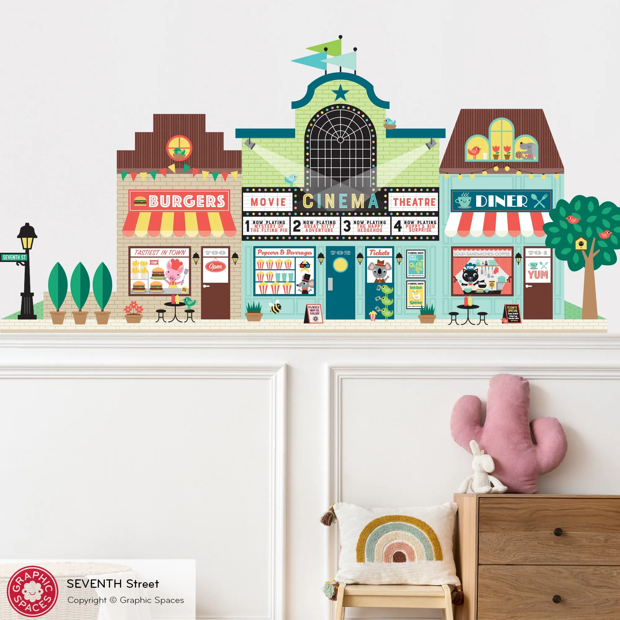 Happy Town Fabric Wall Decals - Seventh St (Burgers, Movie Theatre, Diner)