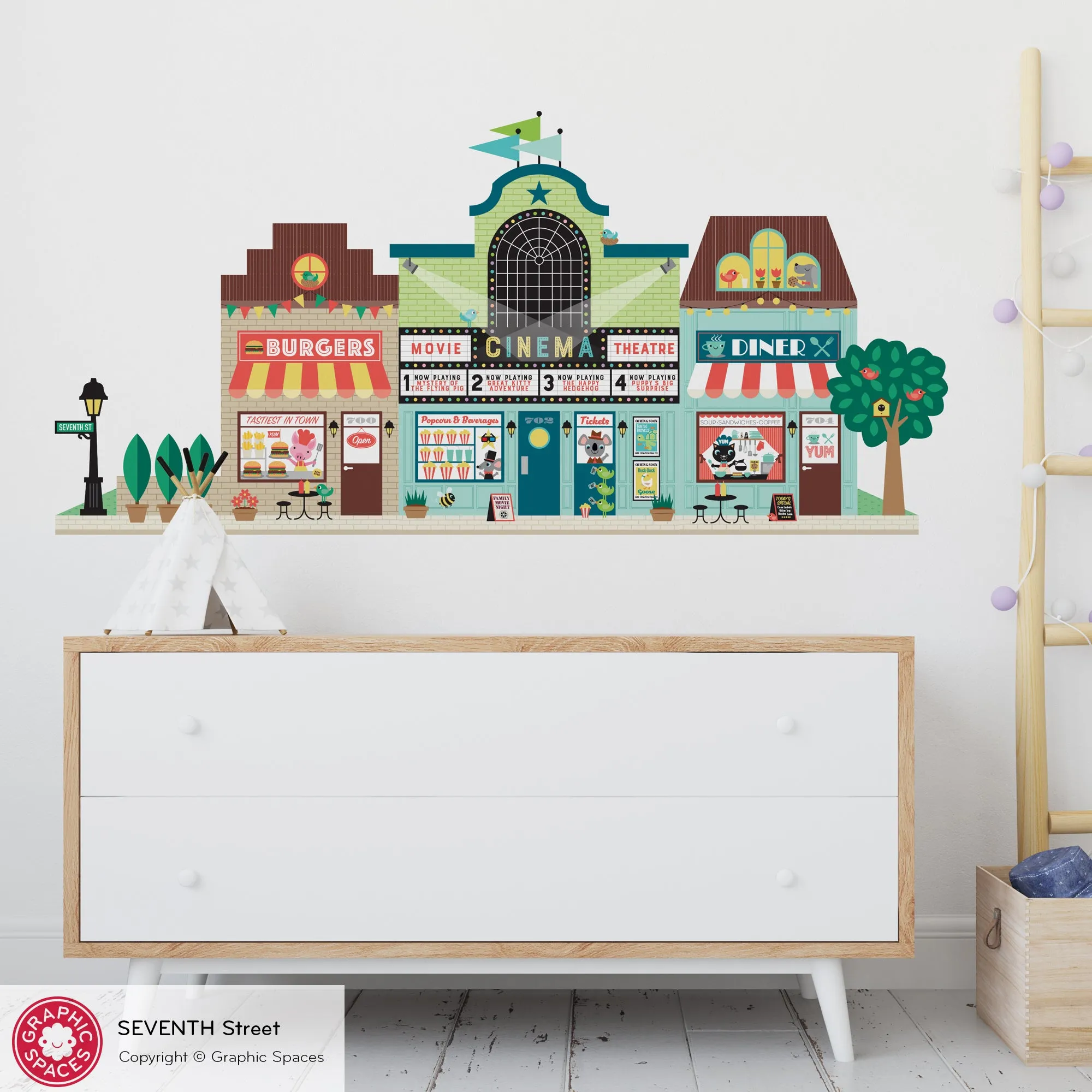 Happy Town Fabric Wall Decals - Seventh St (Burgers, Movie Theatre, Diner)