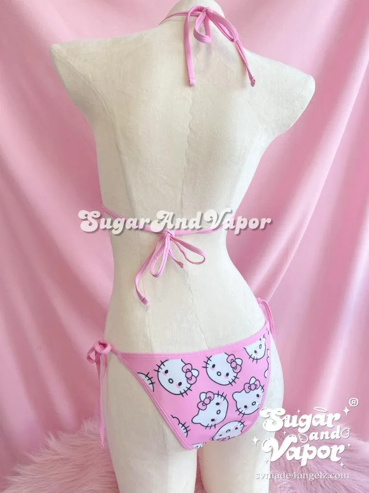 Kawaii Kitten Face Pink Bikini Set