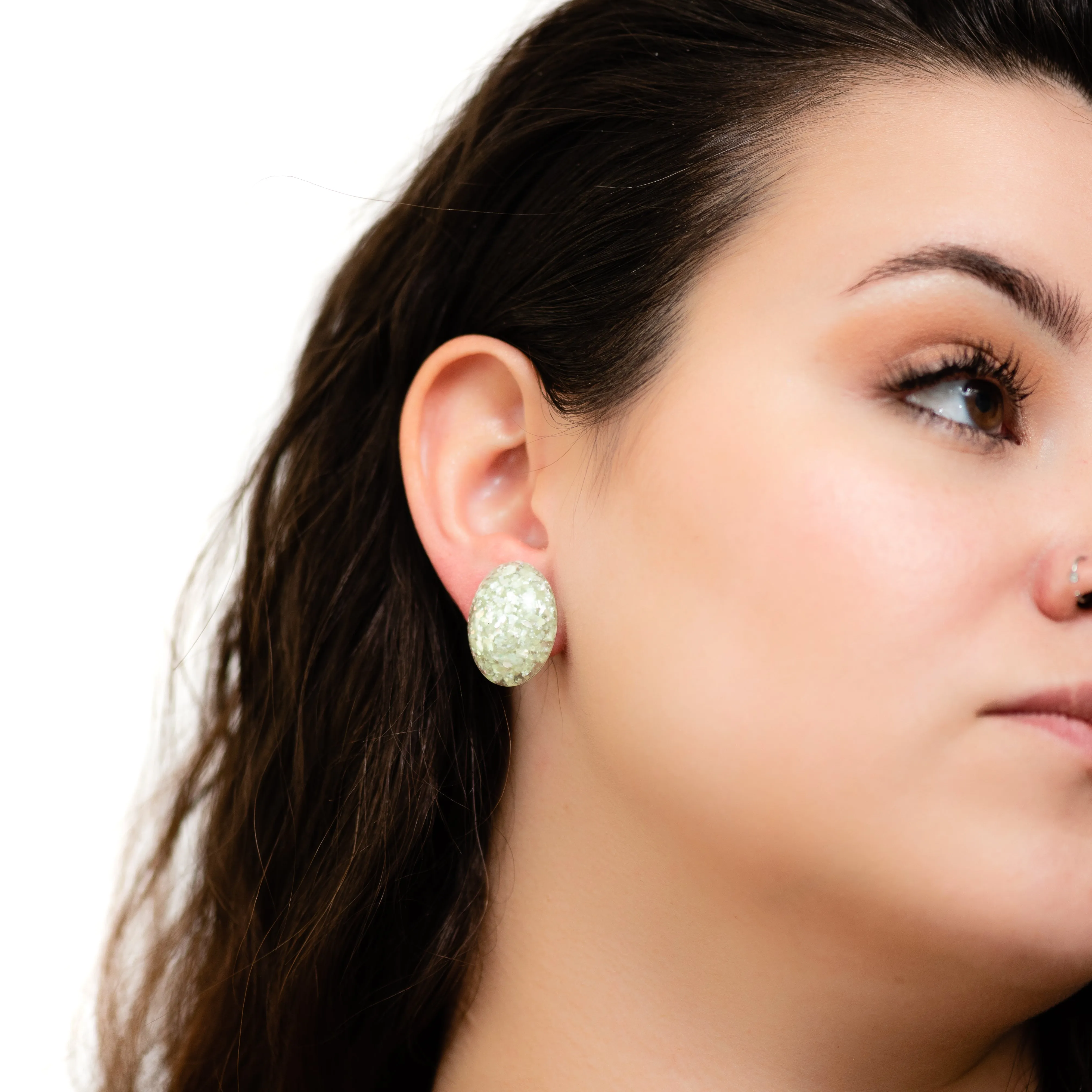 Mint Metallic Glitter Oval Button Studs