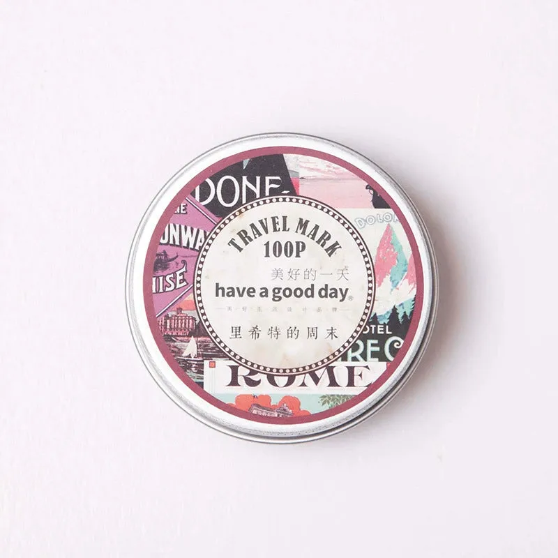 Retro Travel Marker Logo Stickers in Tin Box