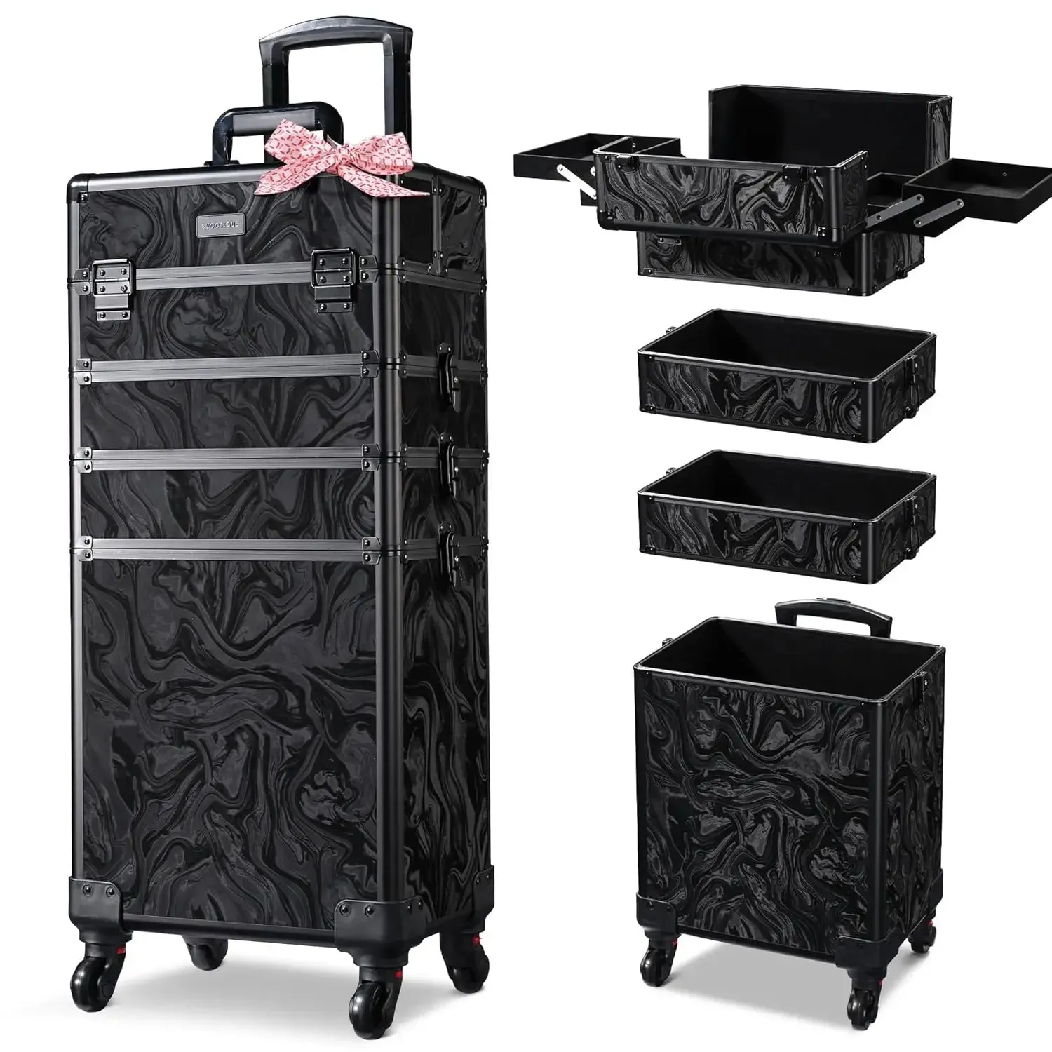 Rolling Makeup Train Case 4in1 Cosmetic Trolley Organizer Travel Case Lockable Barber Case Traveling Cart Trunk with Wheels