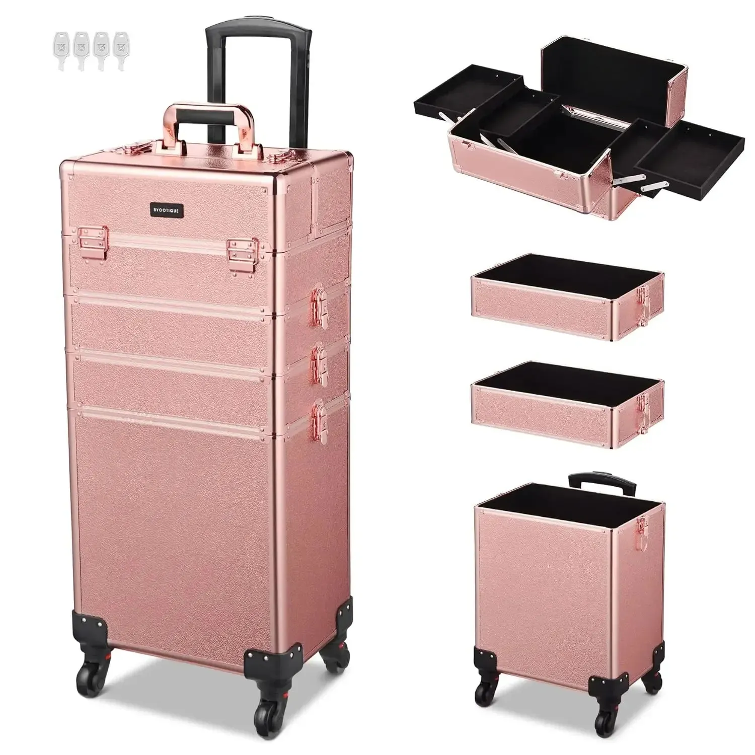 Rolling Makeup Train Case 4in1 Cosmetic Trolley Organizer Travel Case Lockable Barber Case Traveling Cart Trunk with Wheels