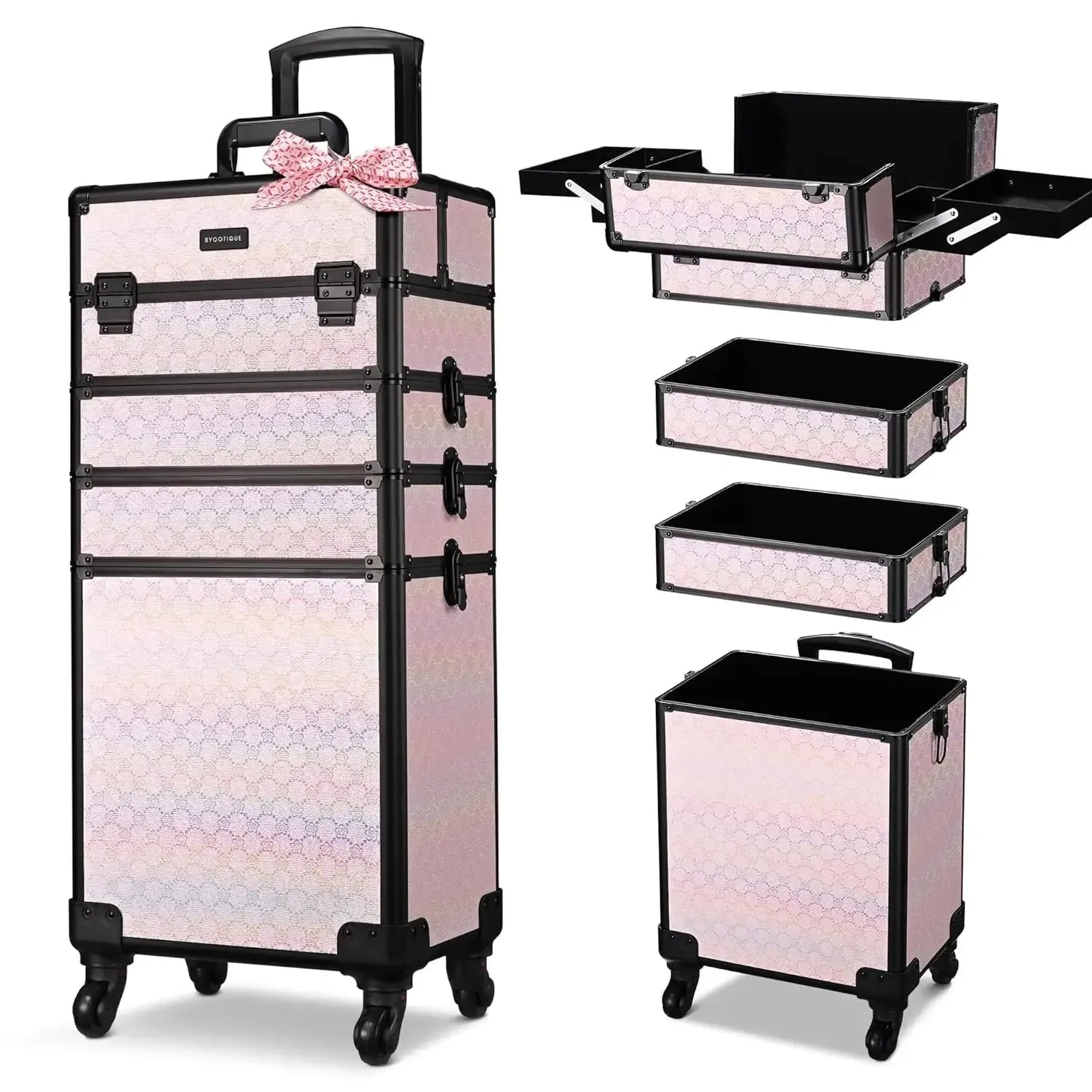 Rolling Makeup Train Case 4in1 Cosmetic Trolley Organizer Travel Case Lockable Barber Case Traveling Cart Trunk with Wheels