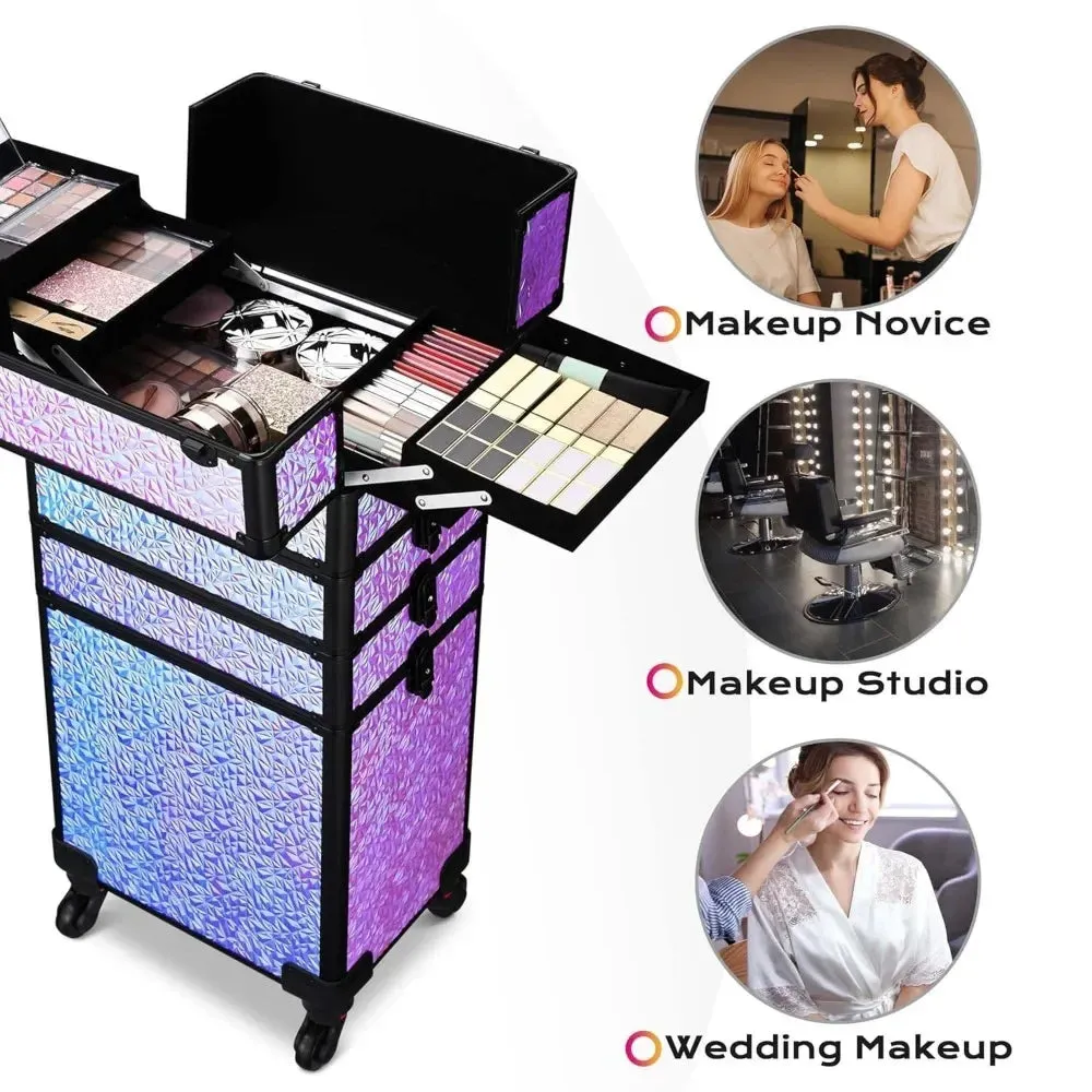 Rolling Makeup Train Case 4in1 Cosmetic Trolley Organizer Travel Case Lockable Barber Case Traveling Cart Trunk with Wheels