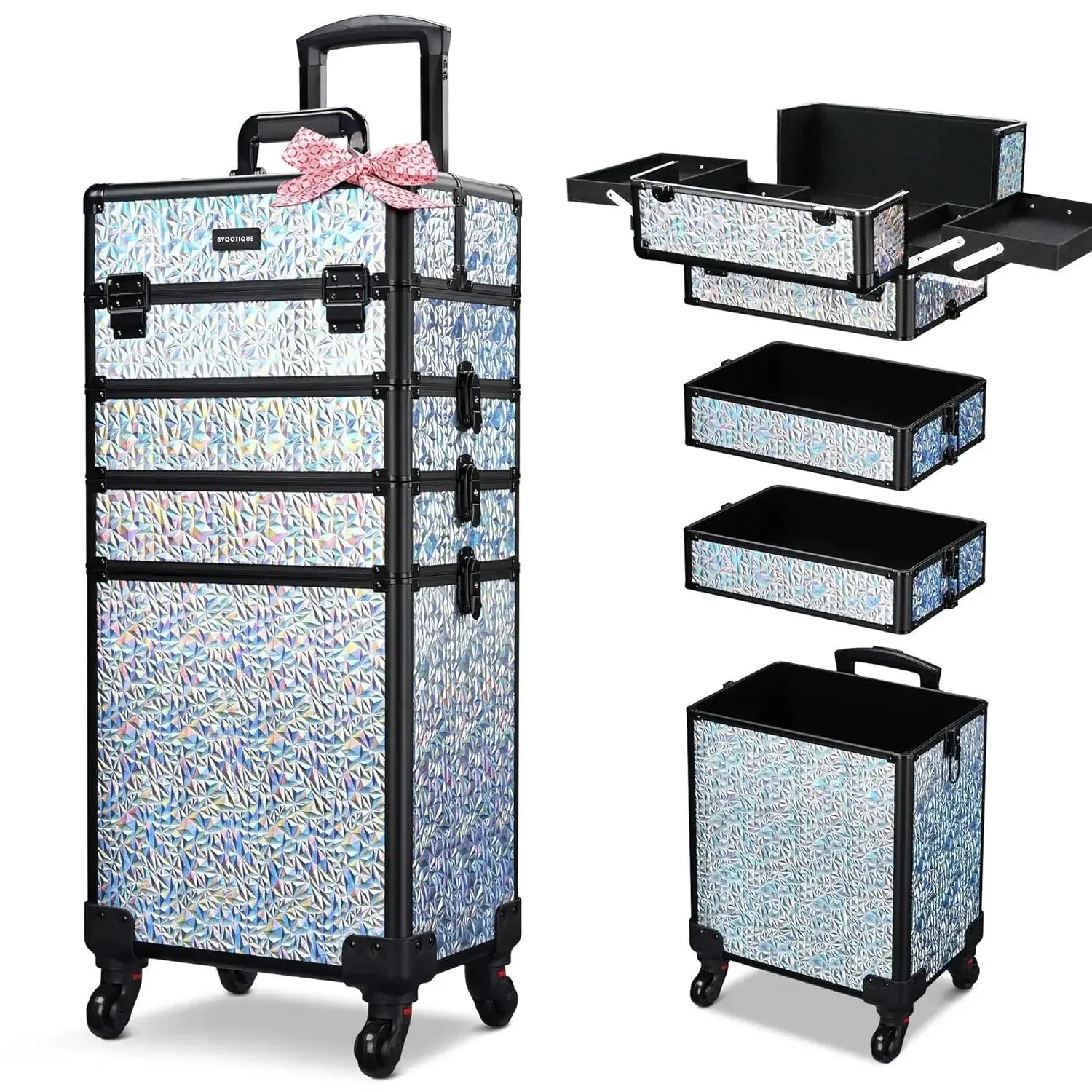 Rolling Makeup Train Case 4in1 Cosmetic Trolley Organizer Travel Case Lockable Barber Case Traveling Cart Trunk with Wheels