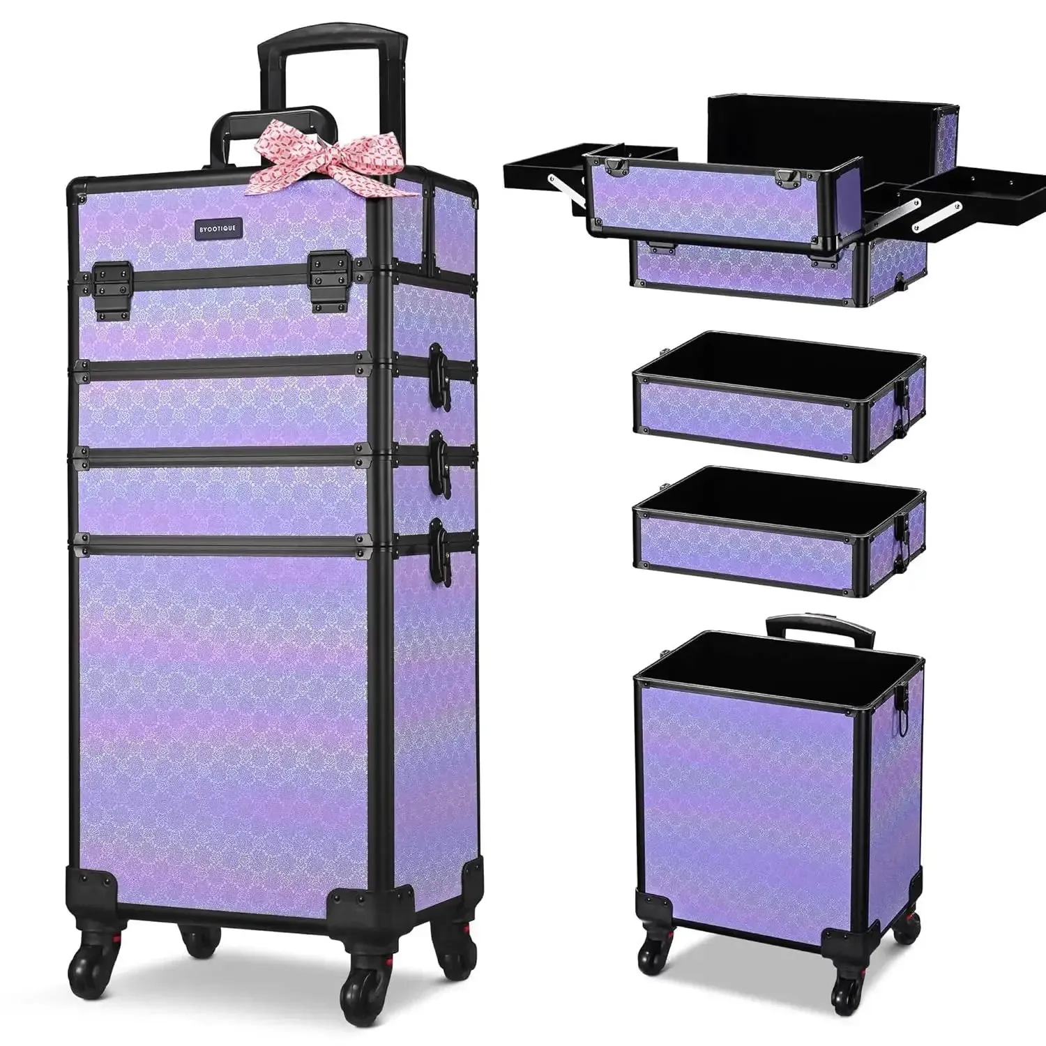 Rolling Makeup Train Case 4in1 Cosmetic Trolley Organizer Travel Case Lockable Barber Case Traveling Cart Trunk with Wheels