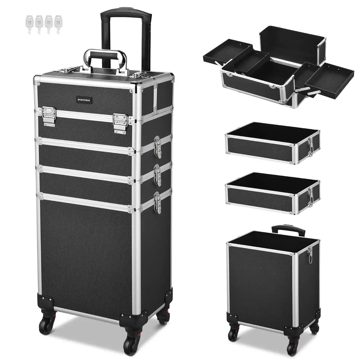 Rolling Makeup Train Case 4in1 Cosmetic Trolley Organizer Travel Case Lockable Barber Case Traveling Cart Trunk with Wheels