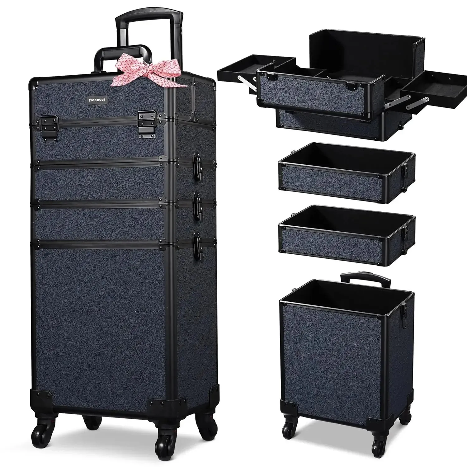 Rolling Makeup Train Case 4in1 Cosmetic Trolley Organizer Travel Case Lockable Barber Case Traveling Cart Trunk with Wheels