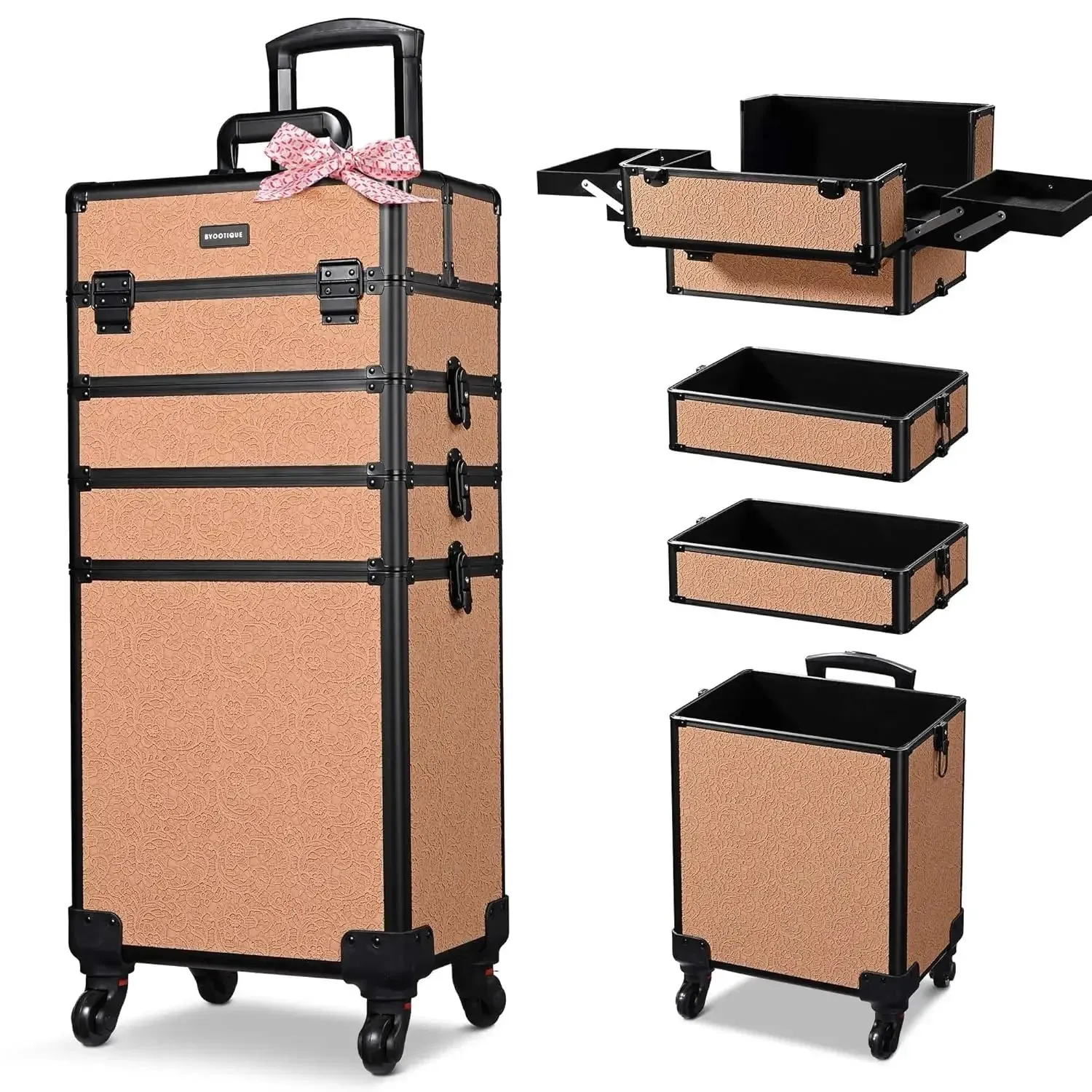 Rolling Makeup Train Case 4in1 Cosmetic Trolley Organizer Travel Case Lockable Barber Case Traveling Cart Trunk with Wheels