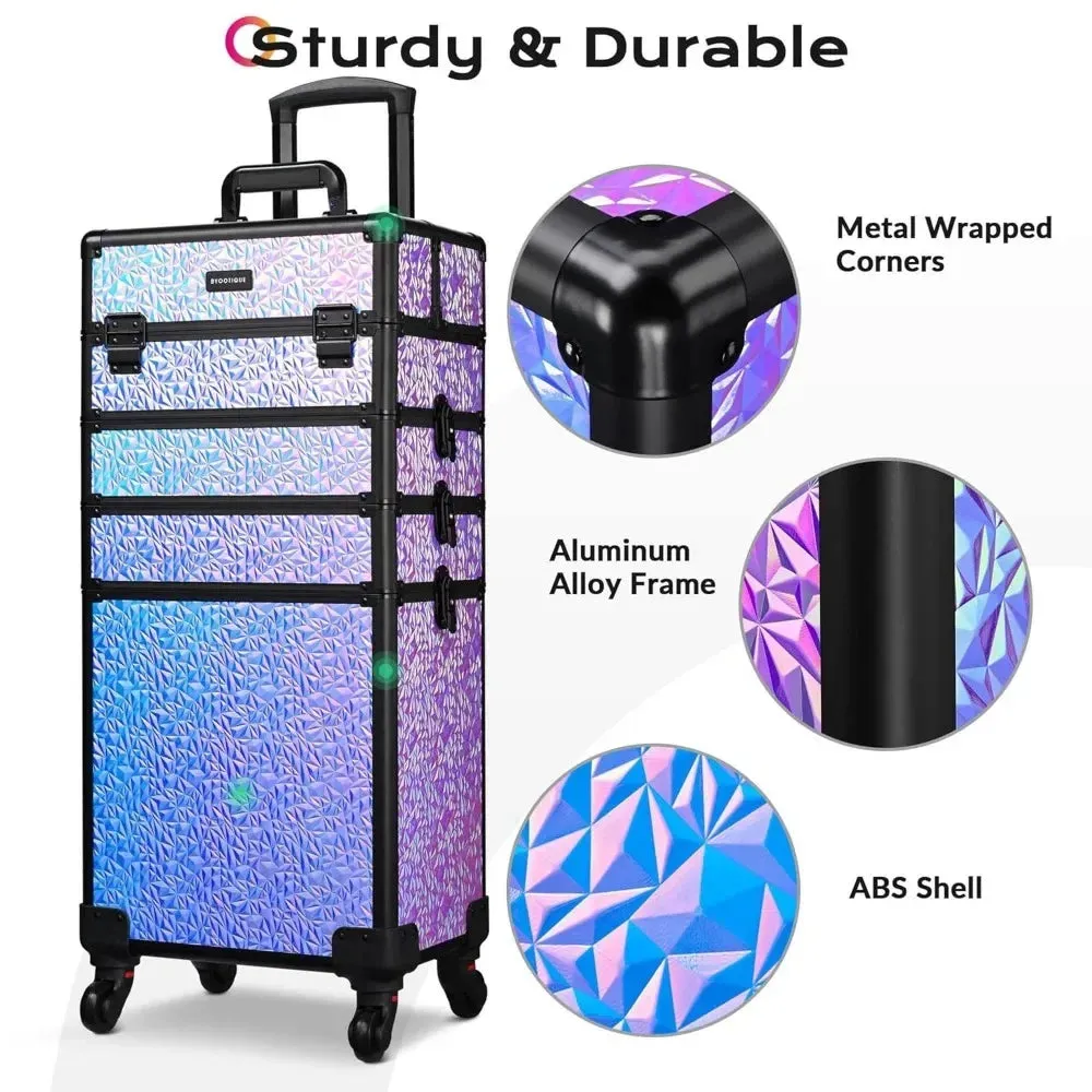 Rolling Makeup Train Case 4in1 Cosmetic Trolley Organizer Travel Case Lockable Barber Case Traveling Cart Trunk with Wheels