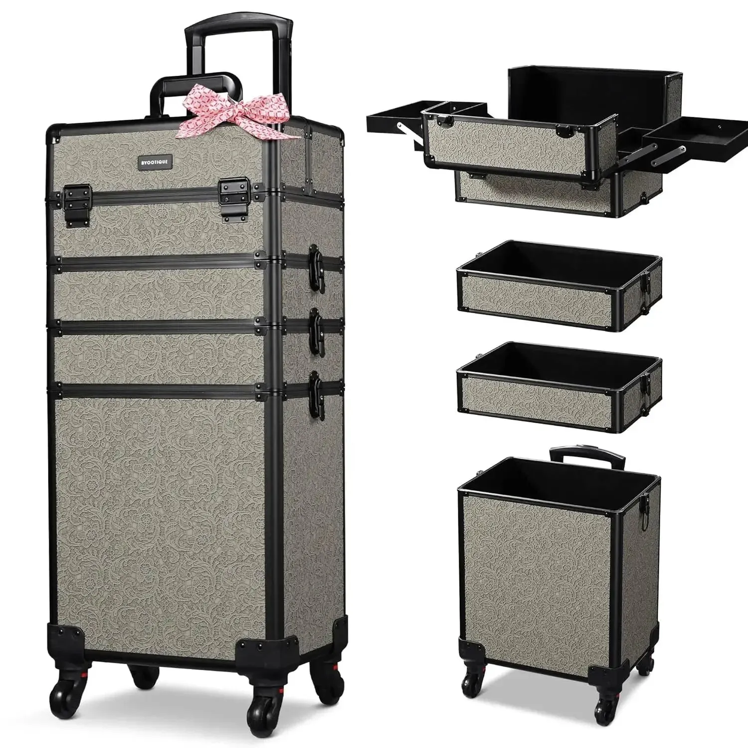 Rolling Makeup Train Case 4in1 Cosmetic Trolley Organizer Travel Case Lockable Barber Case Traveling Cart Trunk with Wheels